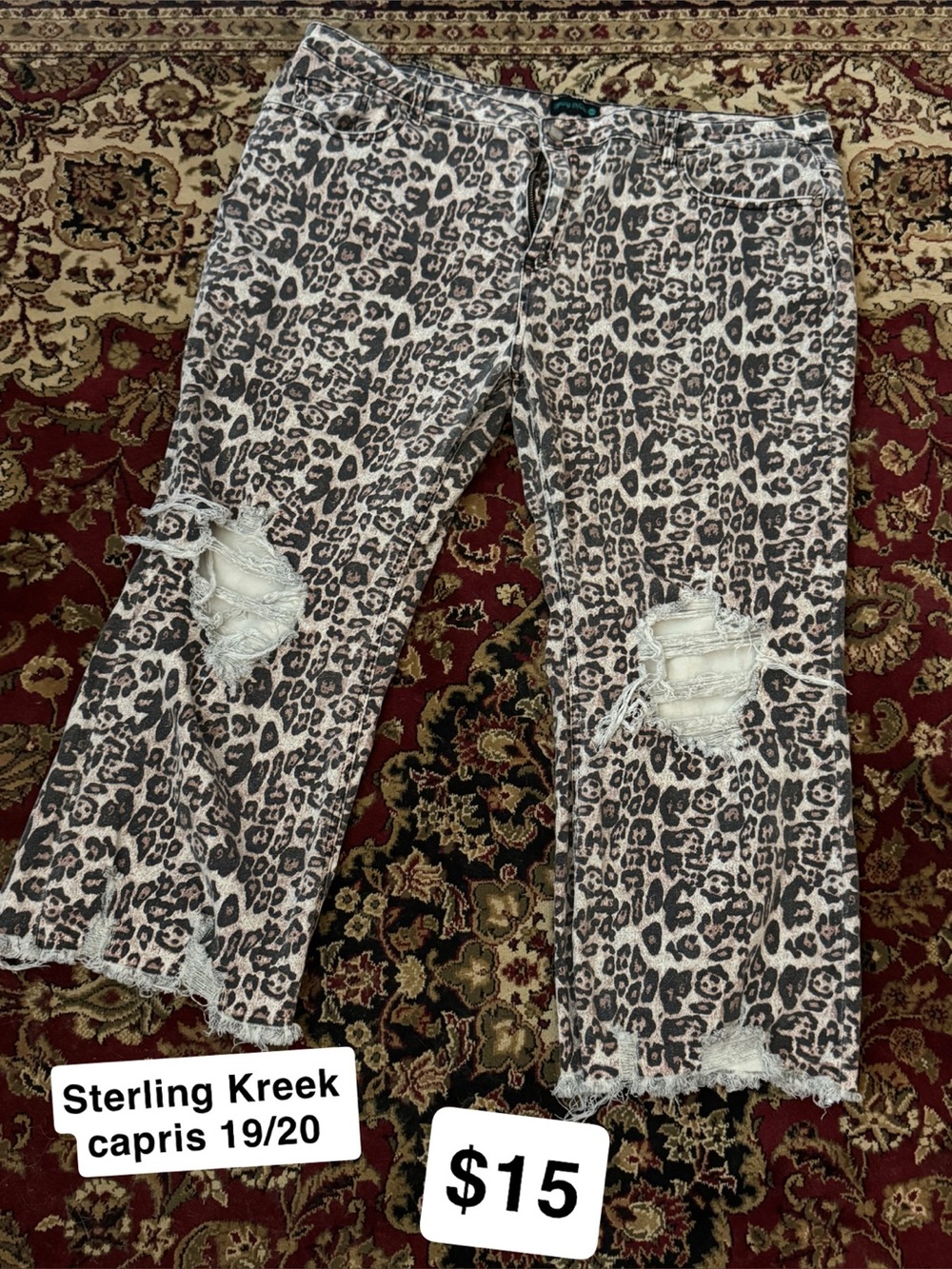 Sterling Kreek Leopard Print Distressed Capris - Beige/Black